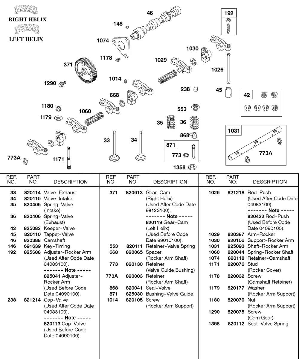 Camshaft, Rocker Arm, Valves, Springs Diagram and Parts List for 580447-0315-XX  Briggs and Stratton Engine